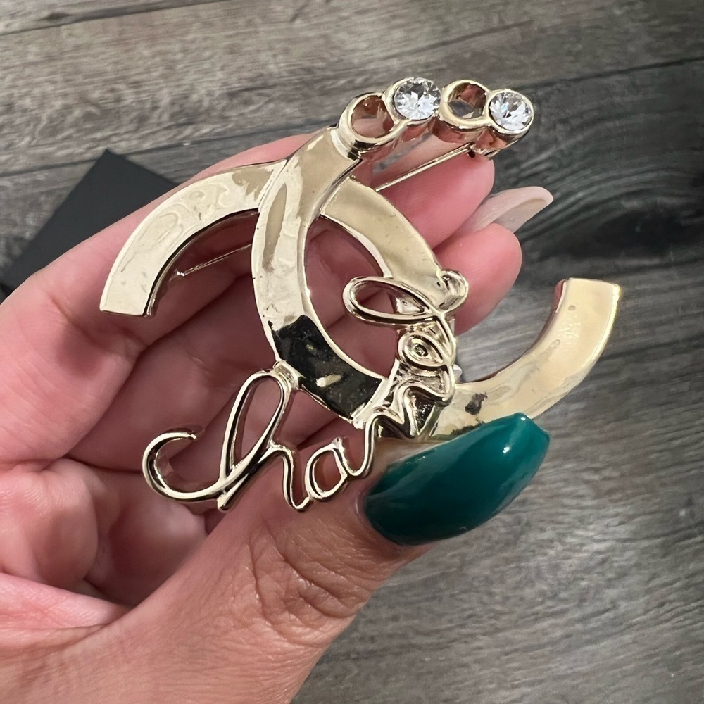 Chanel Crystal Coco Script Brooch Light Gold - Au… - image 2